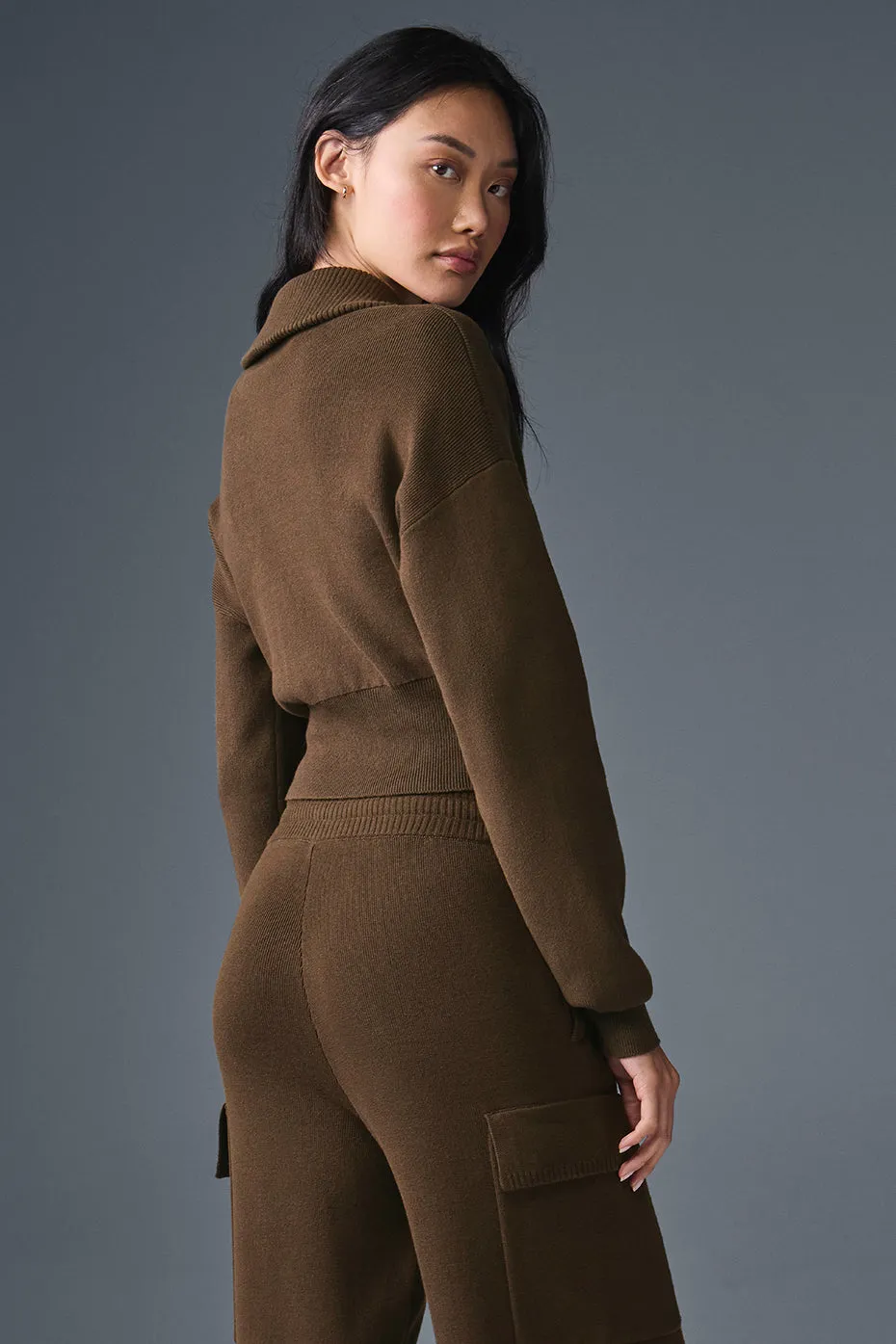 Scholar Knit Cropped Full Zip Jacket - Espresso sold by Alo Yoga product image thumbnail 2