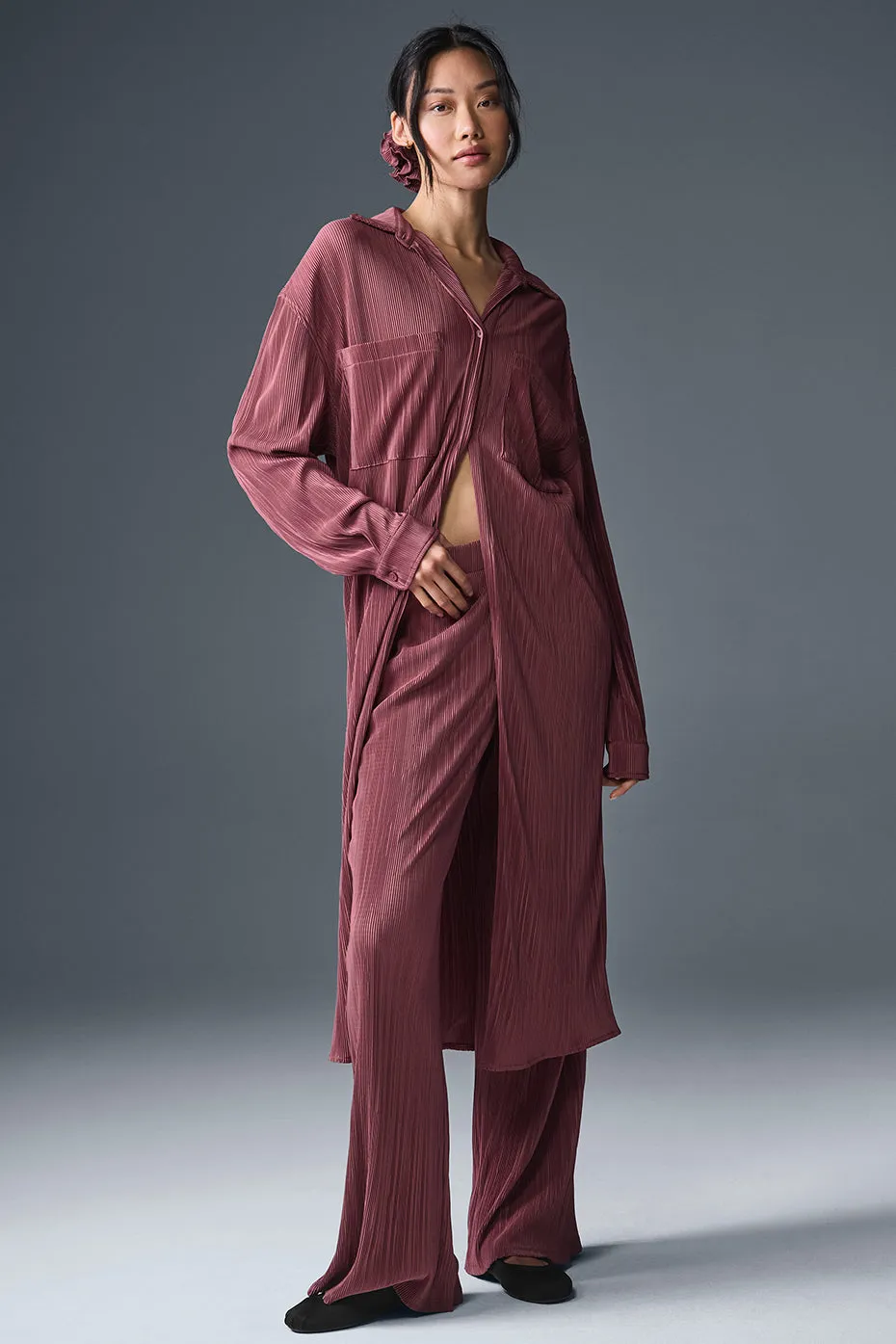 Micro Plisse Shirt Dress - Burgundy Truffle sold by Alo Yoga