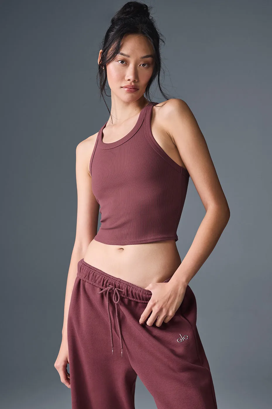 Goddess Ribbed Go-To Tank - Burgundy Truffle sold by Alo Yoga