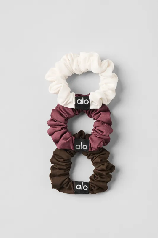 Fresh Mini Scrunchie 3-Pack - Burgundy Truffle/Espresso/Ivory sold by Alo Yoga