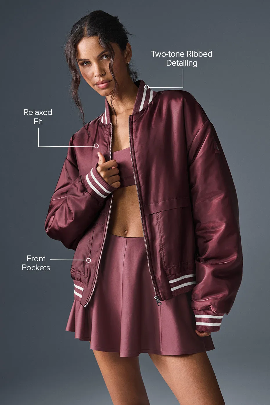 Afterglow Varsity Jacket - Burgundy Truffle sold by Alo Yoga product image thumbnail 2