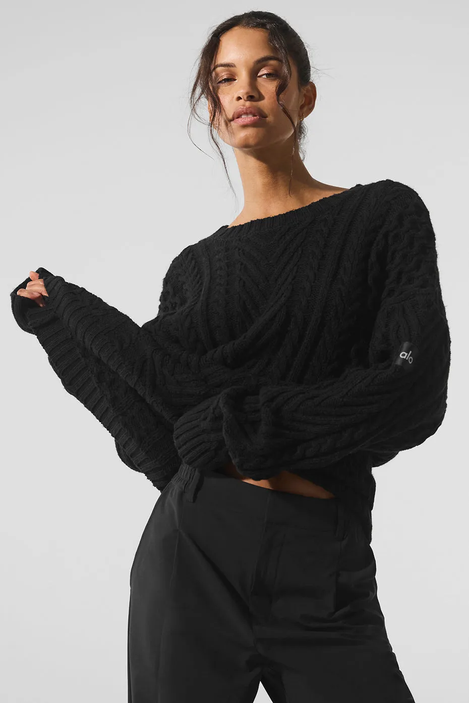 Cable Knit Crew Neck Sweater - Black sold by Alo Yoga