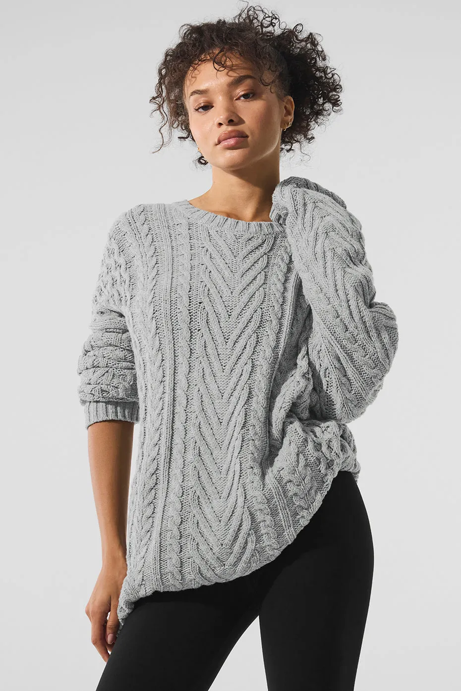 Cable Knit Crew Neck Sweater - Athletic Heather Grey sold by Alo Yoga