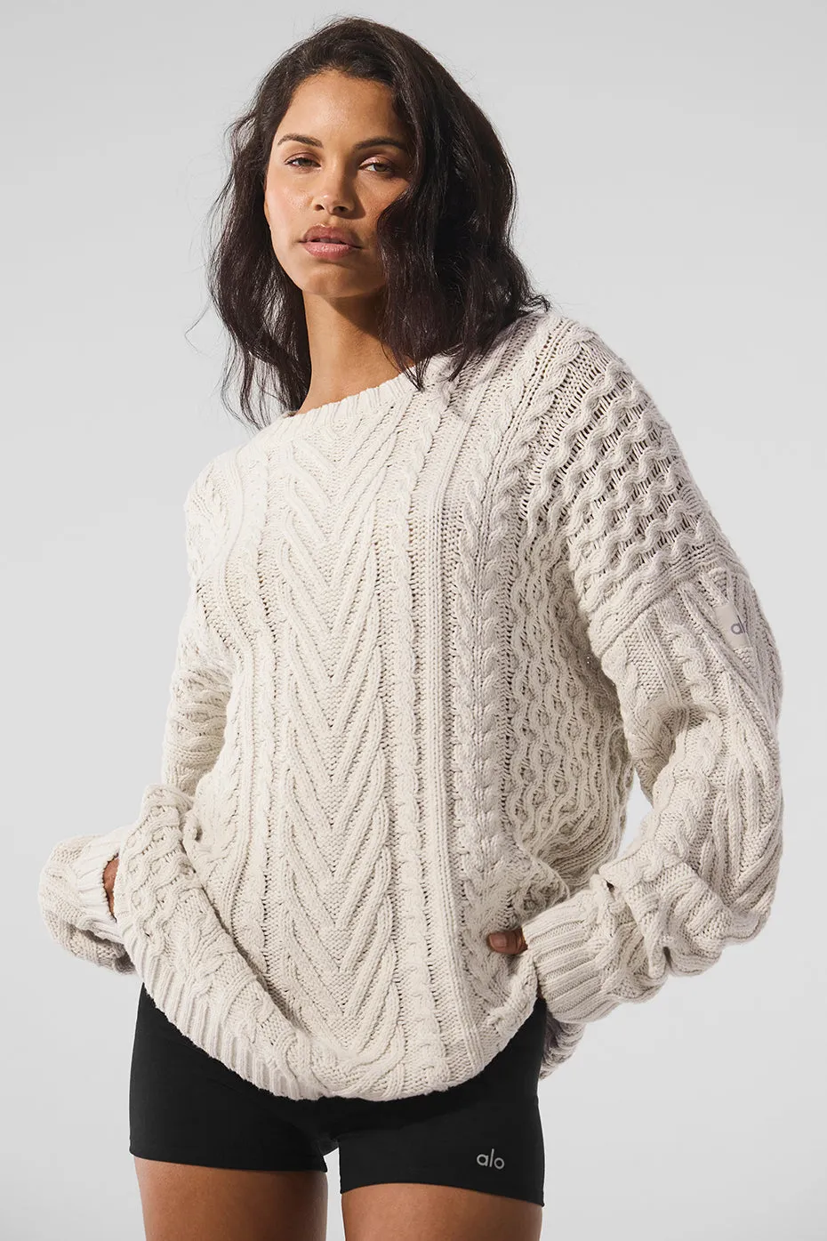 Cable Knit Crew Neck Sweater - Bone sold by Alo Yoga