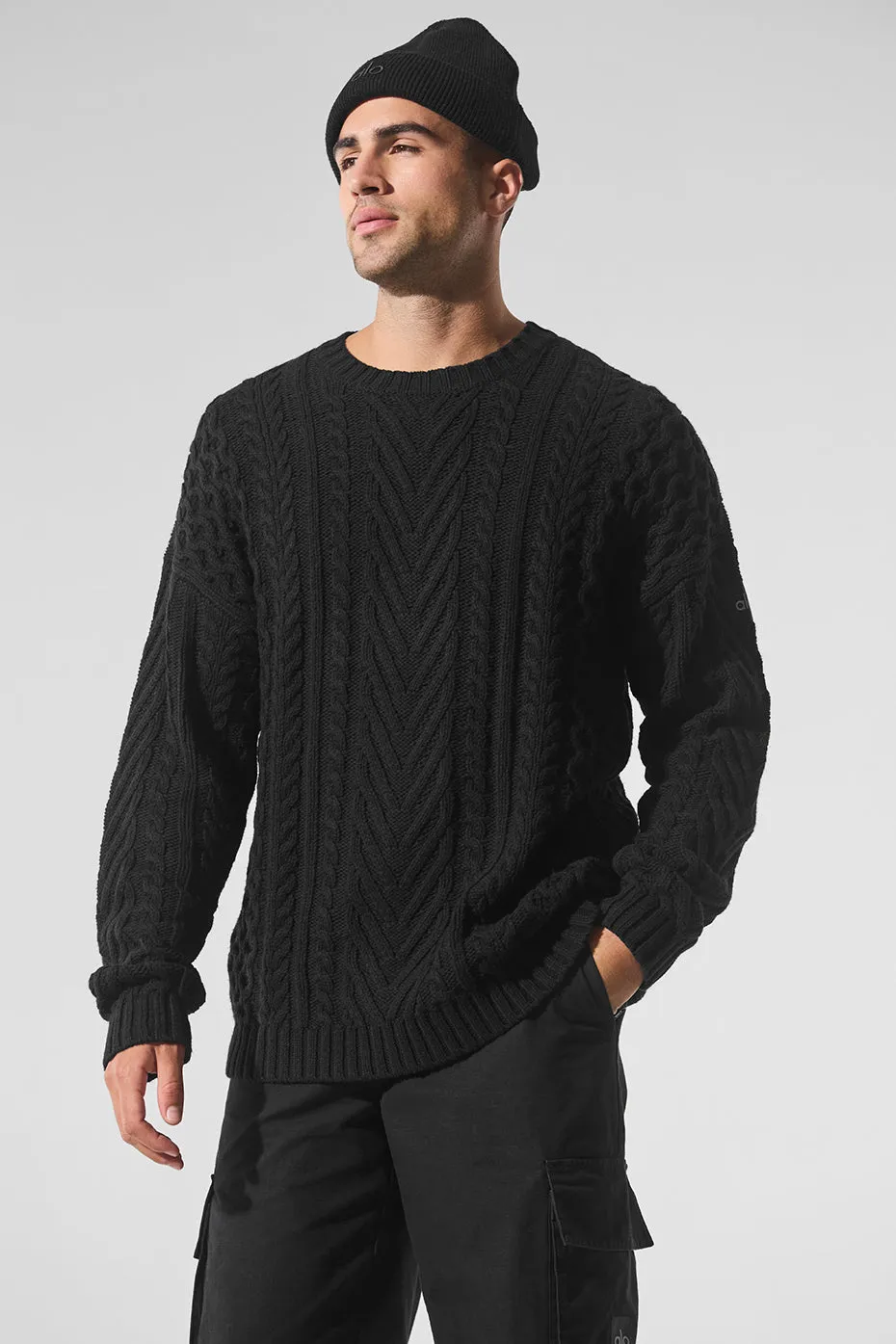 Cable Knit Crew Neck Sweater - Black sold by Alo Yoga