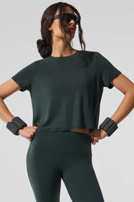 Cropped All Day Short Sleeve - Charcoal Green sold by Alo Yoga