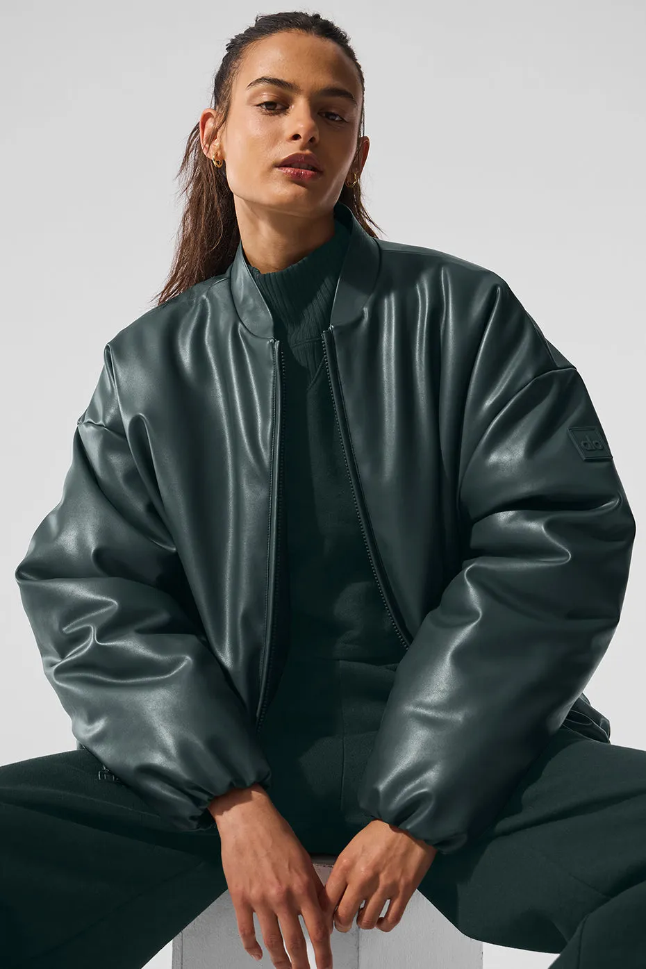 Faux Leather Premier Bomber - Charcoal Green sold by Alo Yoga