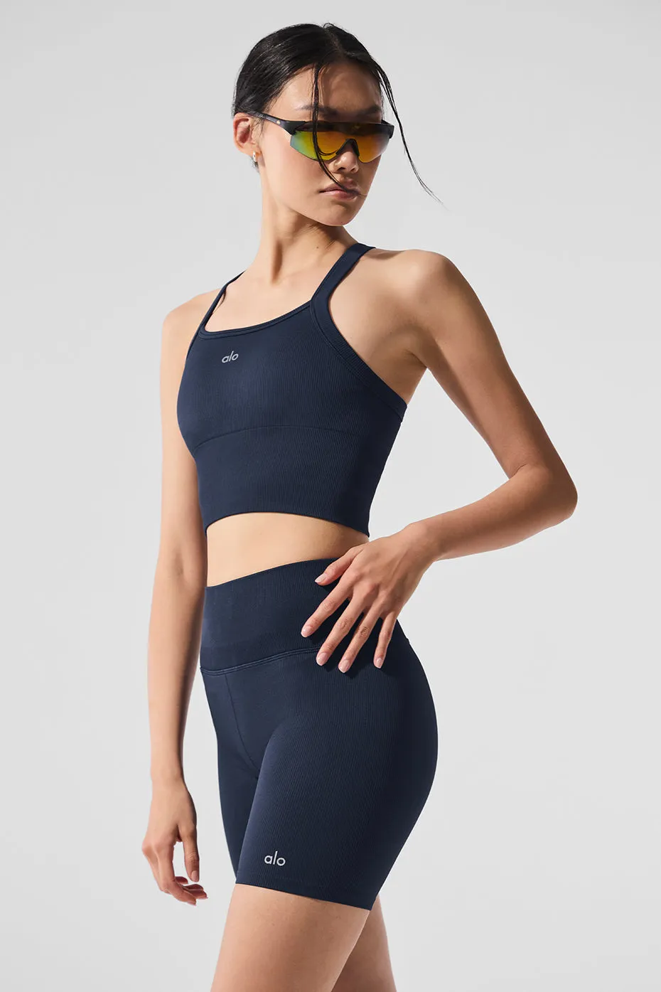 Seamless Ribbed Favorite Bra Tank - Navy sold by Alo Yoga