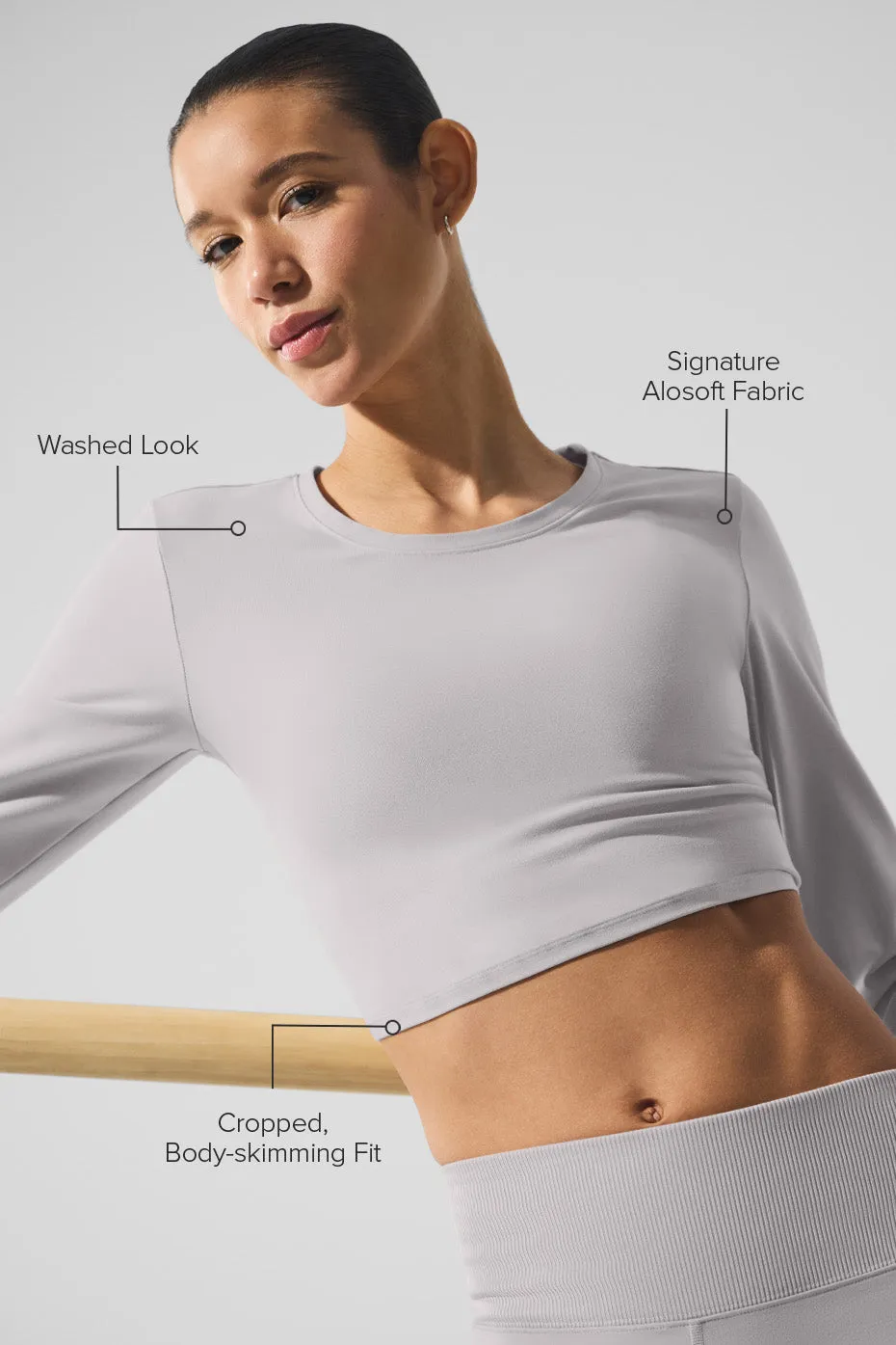 Washed Alosoft Crop Finesse Long Sleeve - Grey Sky Wash sold by Alo Yoga product image thumbnail 2