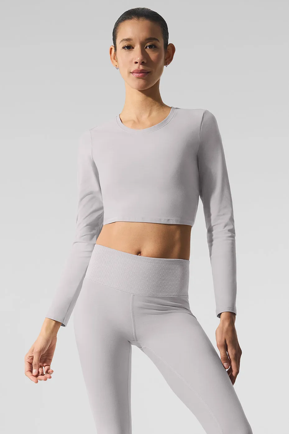Washed Alosoft Crop Finesse Long Sleeve - Grey Sky Wash sold by Alo Yoga
