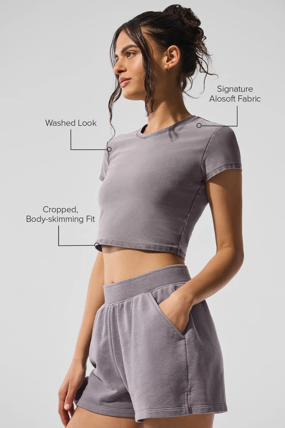 Washed Alosoft Crop Finesse Short Sleeve - Cool Grey Wash sold by Alo Yoga product image thumbnail 2