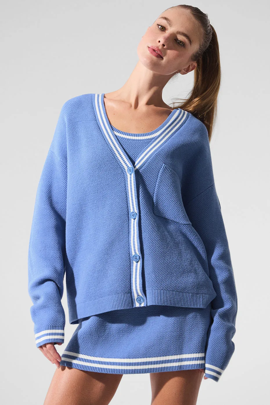Tennis Club Sweater Knit Cardigan - Crystal Clear Blue/White sold by Alo Yoga product image thumbnail 2