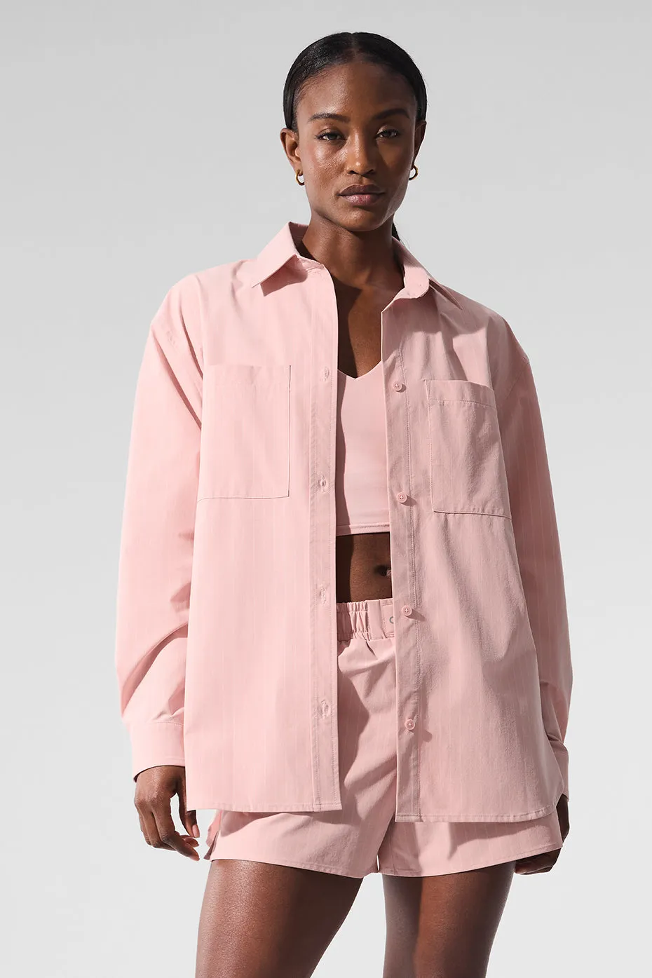 Pinstripe Daylight Button Down Long Sleeve - Pink Quartz/Ivory sold by Alo Yoga