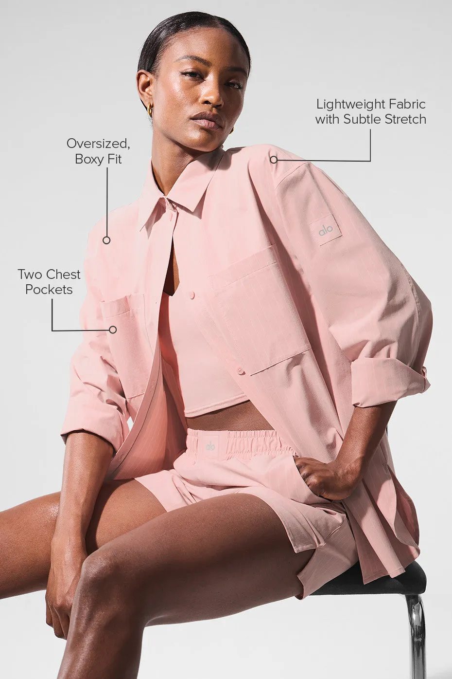 Pinstripe Daylight Button Down Long Sleeve - Pink Quartz/Ivory sold by Alo Yoga product image thumbnail 2