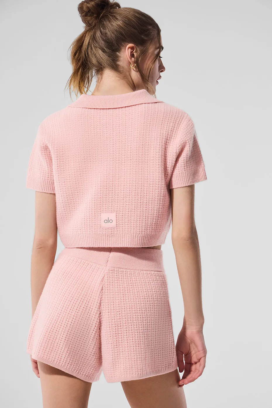 Cashmere Plush Waffle Polo Tee - Pink Quartz sold by Alo Yoga product image thumbnail 3