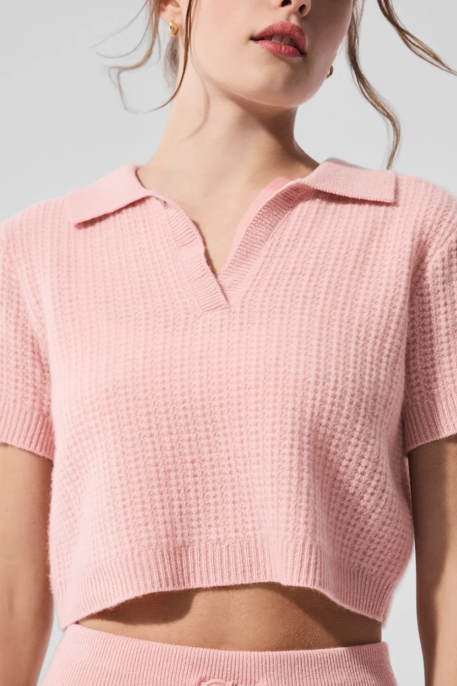 Cashmere Plush Waffle Polo Tee - Pink Quartz sold by Alo Yoga product image thumbnail 4