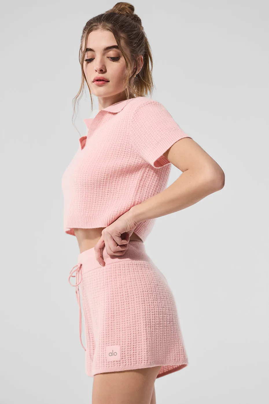 Cashmere Plush Waffle Polo Tee - Pink Quartz sold by Alo Yoga product image thumbnail 5