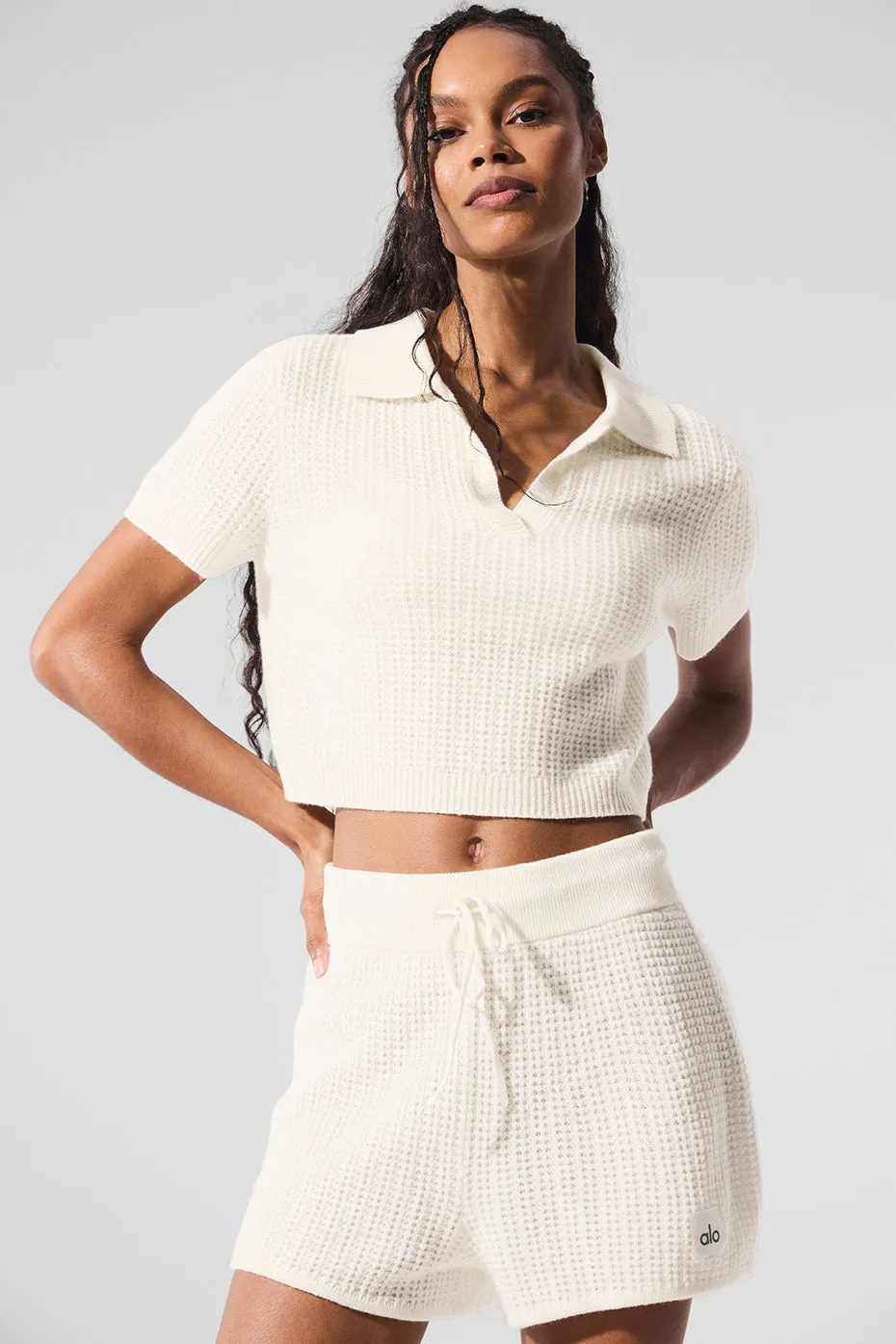Cashmere Plush Waffle Polo Tee - Ivory sold by Alo Yoga