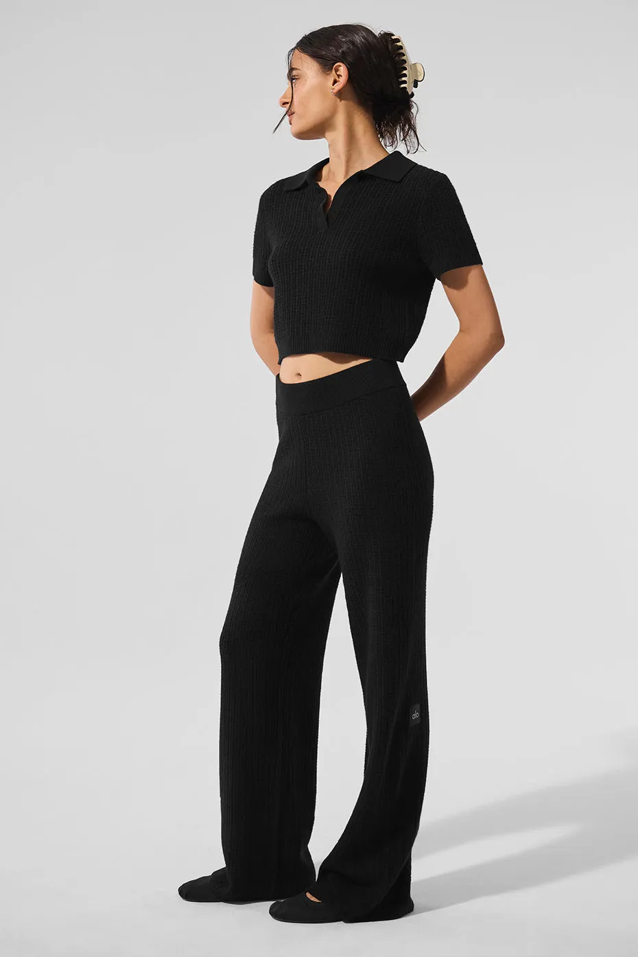 Cashmere Plush Waffle Polo Tee - Black sold by Alo Yoga product image thumbnail 4