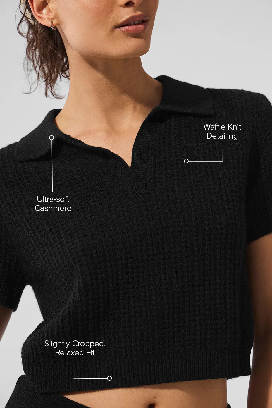 Cashmere Plush Waffle Polo Tee - Black sold by Alo Yoga product image thumbnail 2