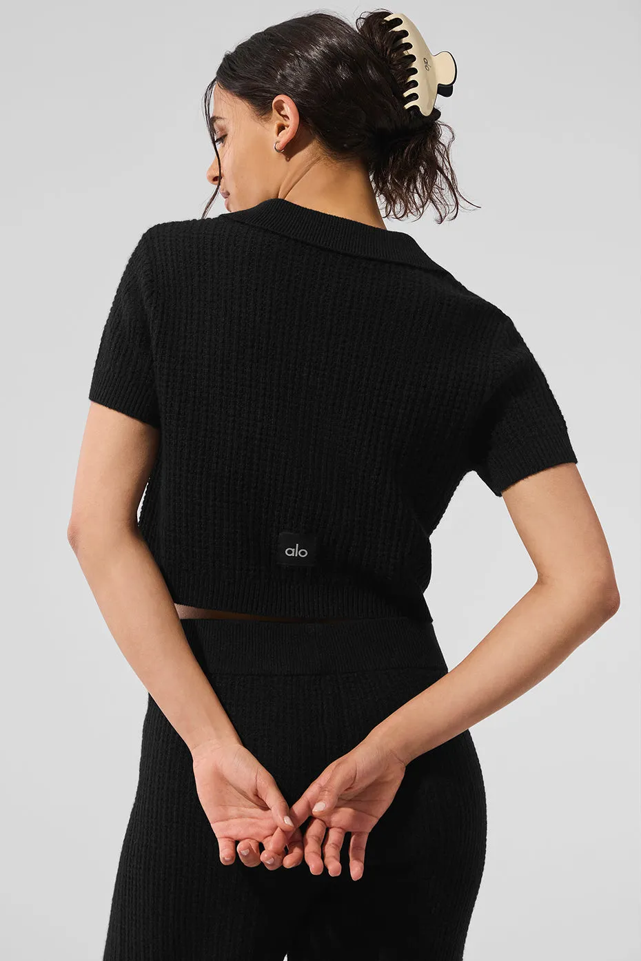 Cashmere Plush Waffle Polo Tee - Black sold by Alo Yoga product image thumbnail 3
