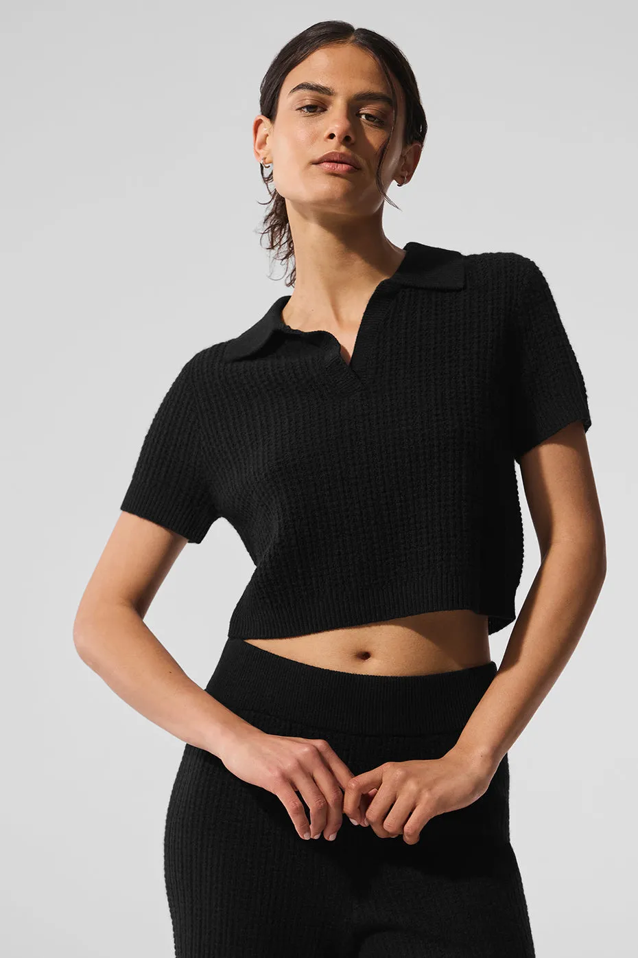 Cashmere Plush Waffle Polo Tee - Black sold by Alo Yoga
