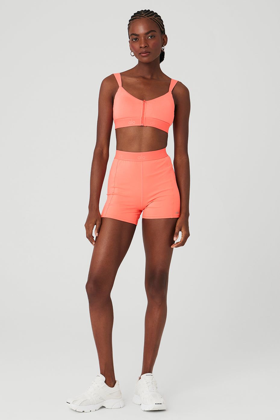 Alosoft Molded Showcase Bra & 4" Alosoft Showcase Short Set - Candy Orange sold by Alo Yoga