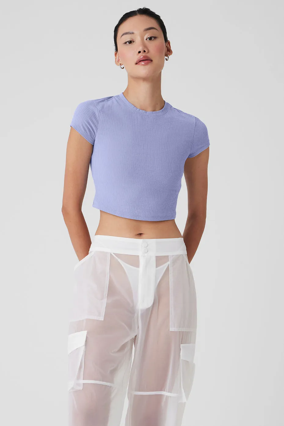 Ribbed Sea Coast Cropped Short Sleeve Tee - Lilac Blue sold by Alo Yoga