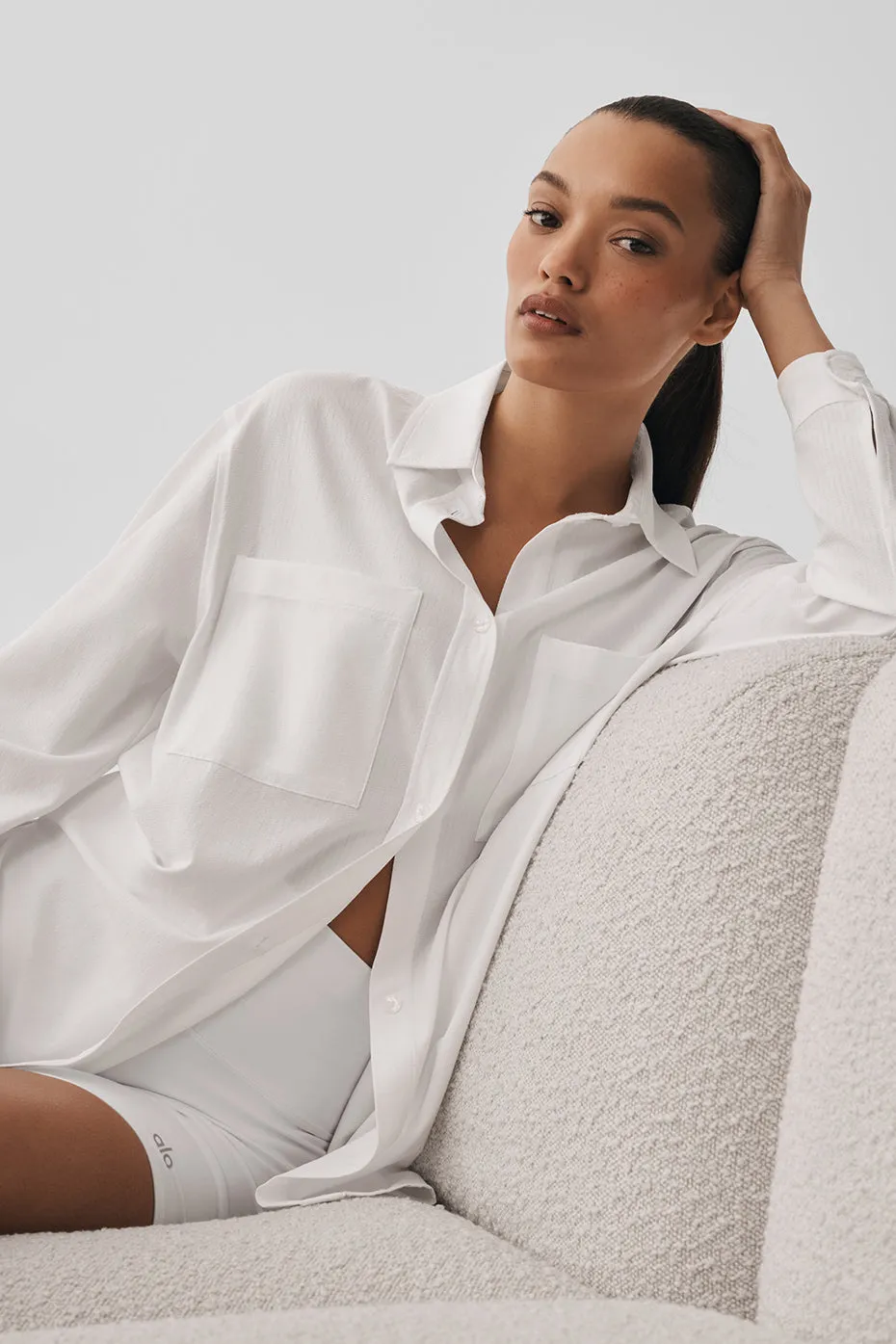 ALO | Dreamscape Button Down Long Sleeve Jacket in White, Size: Medium sold by Alo Yoga