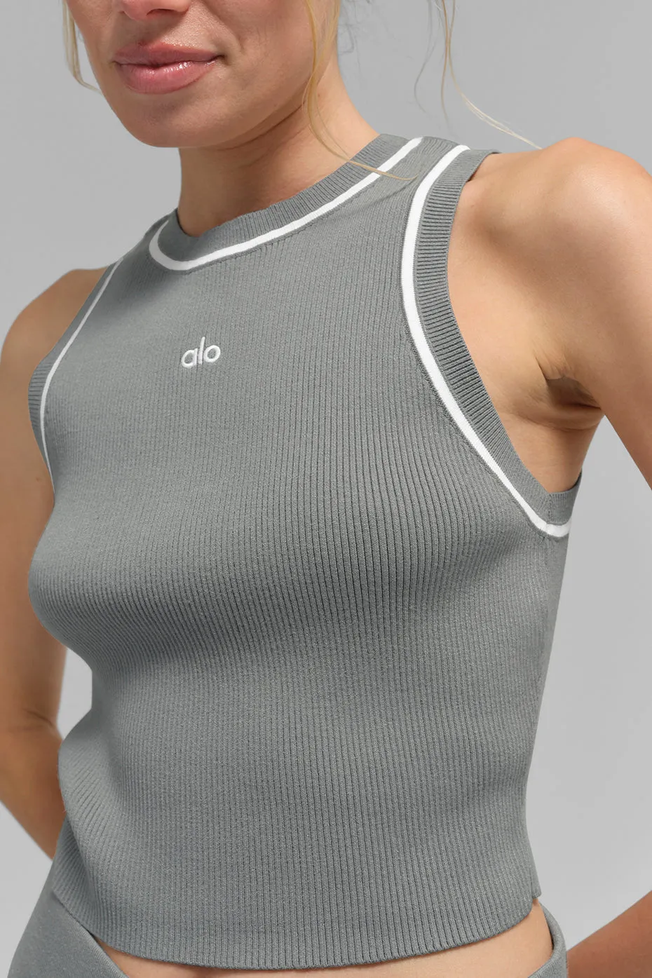 ALO | Ribbed Sweater Knit Highline Cropped Tank Top in Lunar Grey/White, Size: XS sold by Alo Yoga