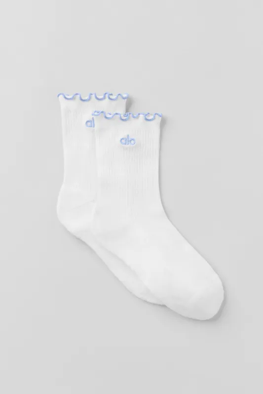 Women's Lettuce Edge Sock - White/Light Provence Blue made by Alo Yoga