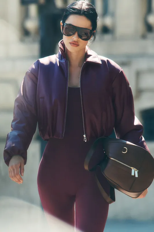 Faux Leather Cropped Premier Bomber - Burgundy made by Alo Yoga