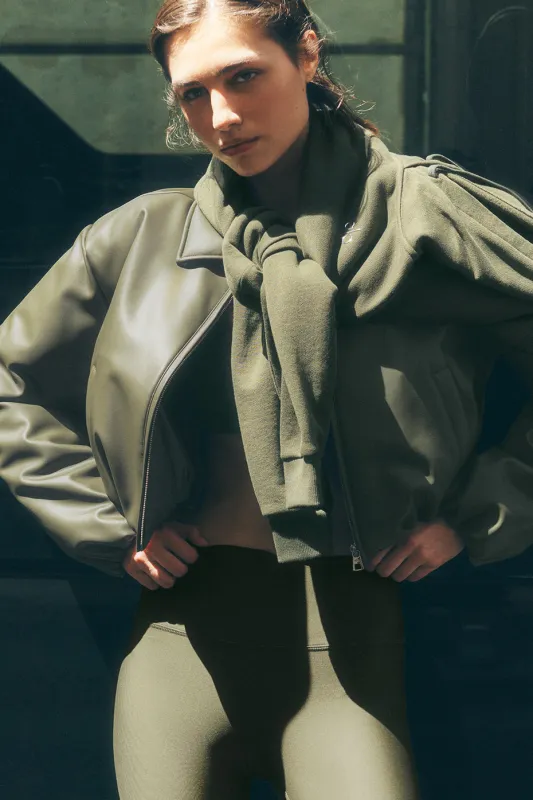 Faux Leather Cropped Premier Bomber - Green Olive made by Alo Yoga