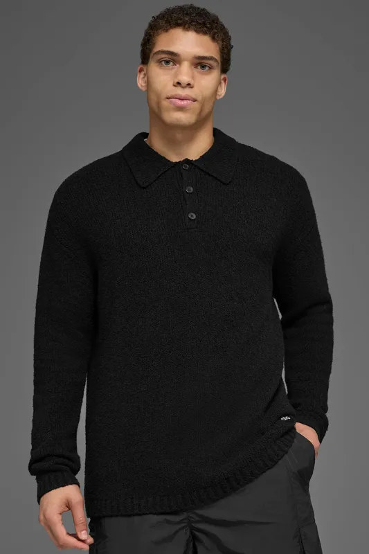 Textured Knit Long Sleeve Polo - Black made by Alo Yoga