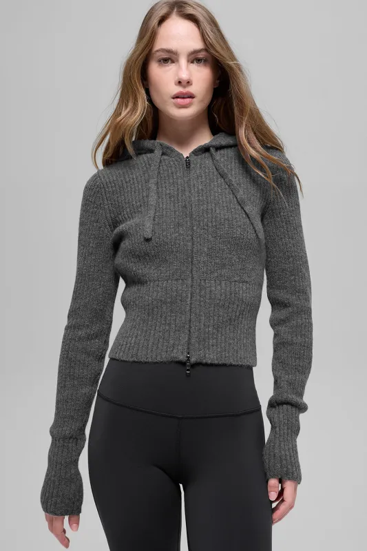Wool Cashmere Ribbed Noble Full Zip Hoodie - Platinum Grey made by Alo Yoga
