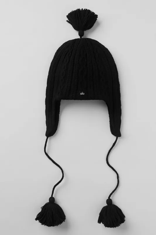 Cable Knit Winter Bliss Earflap Beanie - Black made by Alo Yoga