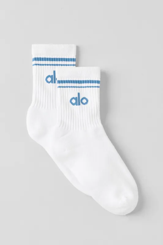Unisex Half-Crew Throwback Sock - White/California Blue made by Alo Yoga