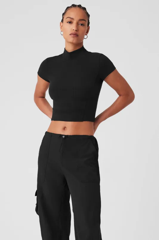 Wellness Rib Mock Neck Polished Short Sleeve - Black sold by Alo Yoga