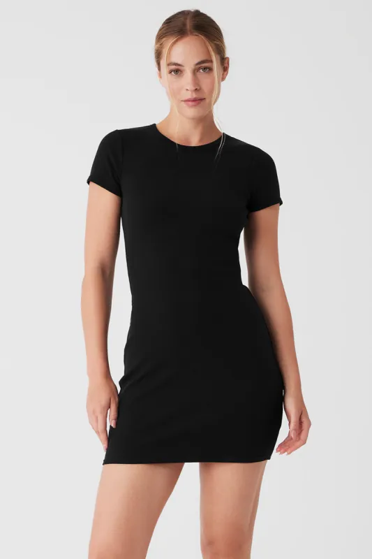 Goddess Ribbed Short Sleeve Dress - Black sold by Alo Yoga