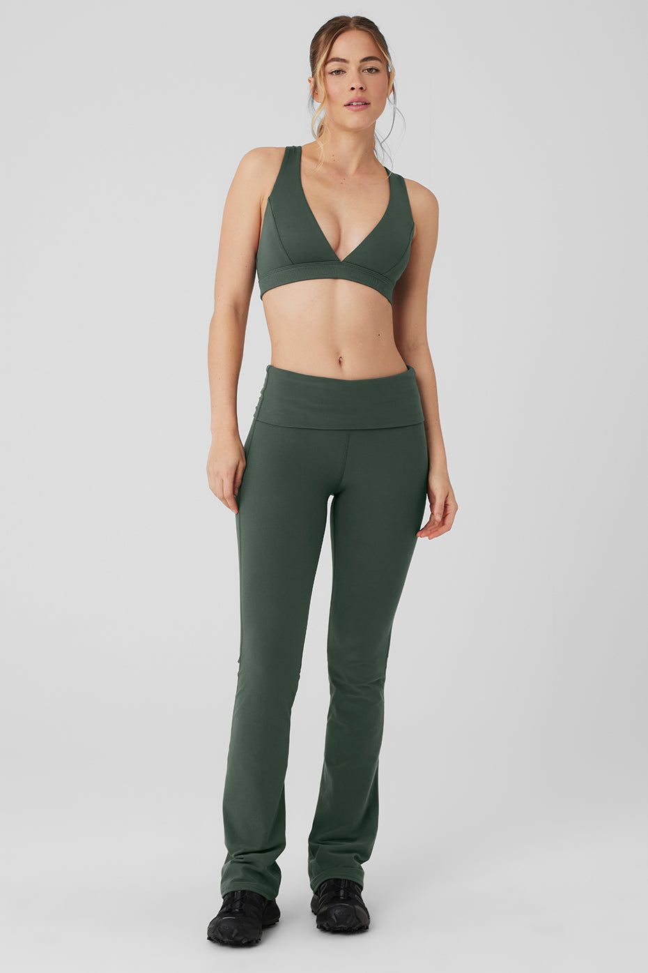 Alosoft Show Stopper Bra & Alosoft Low-Rise Foldover Bootcut Legging Set - Dark Cactus sold by Alo Yoga