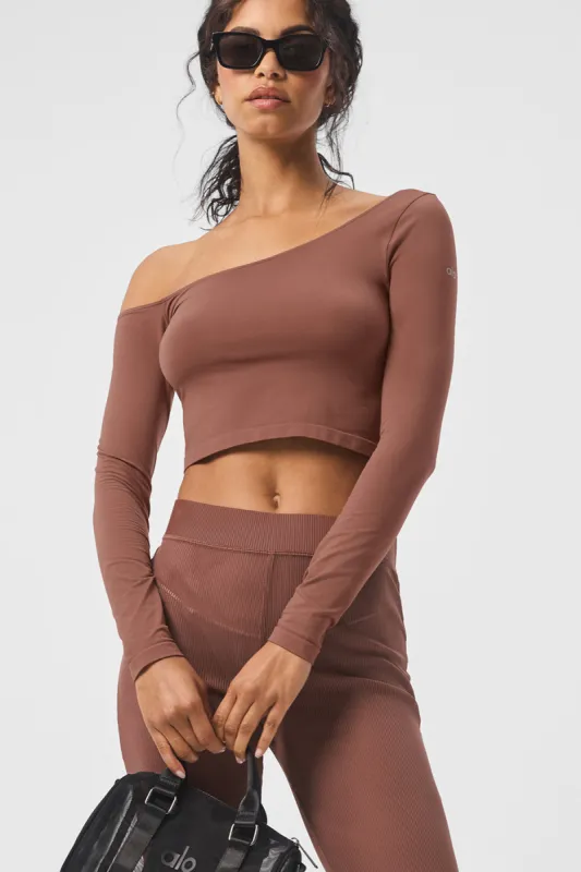 Asymmetric Sheer Glow Long Sleeve - Chestnut sold by Alo Yoga
