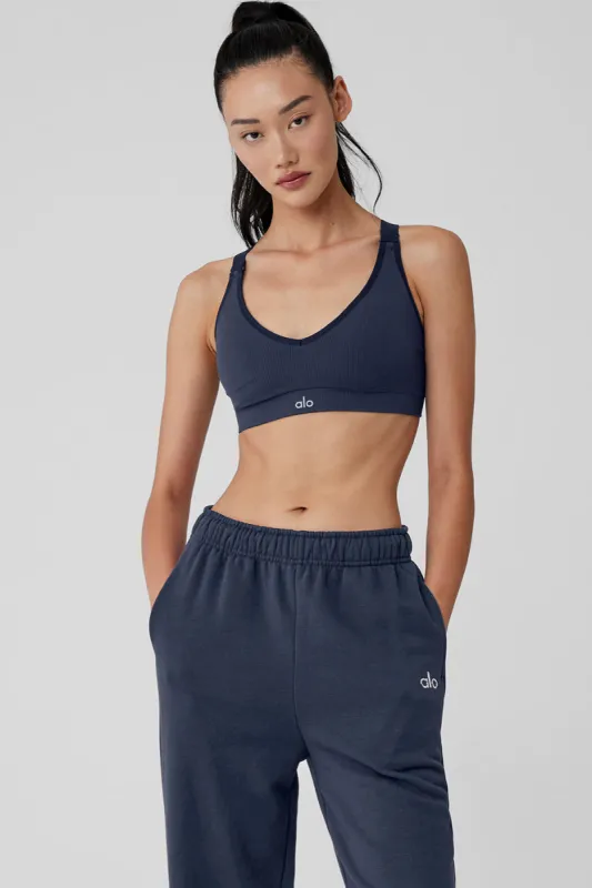 Seamless Ribbed Favorite Bra - Navy sold by Alo Yoga