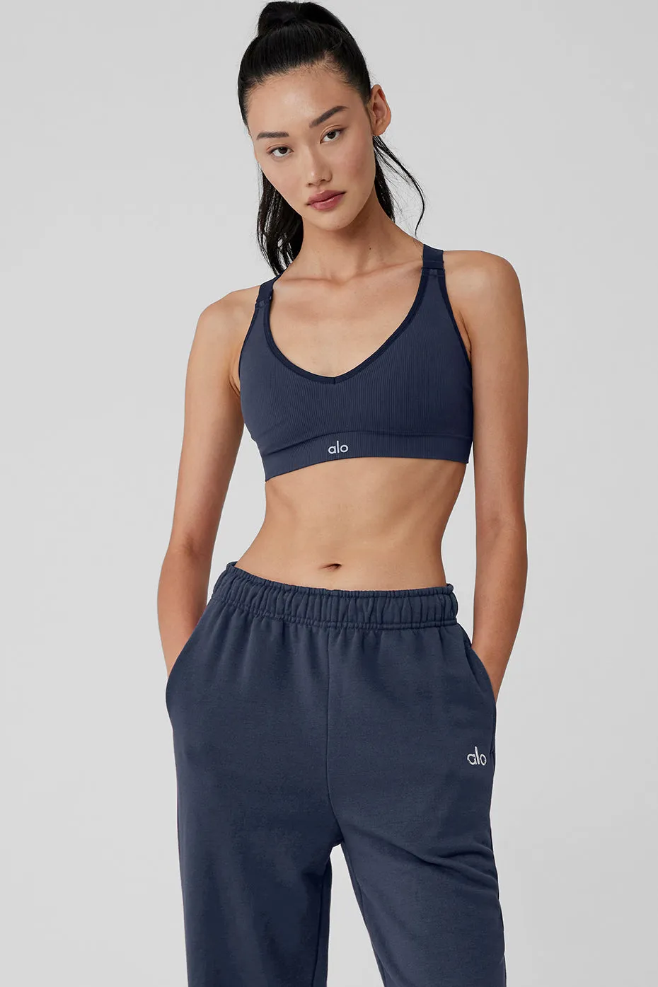 Seamless Ribbed Favorite Bra - Navy sold by Alo Yoga