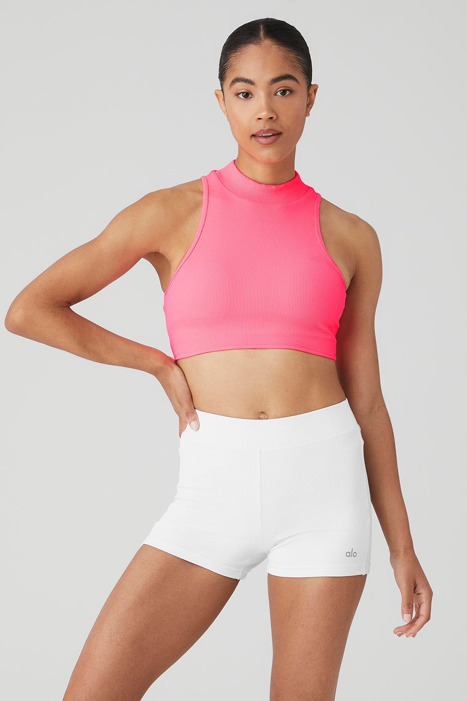 Goddess Rib Cropped Dynamite Tank - Fluorescent Pink Coral sold by Alo Yoga product image thumbnail 2