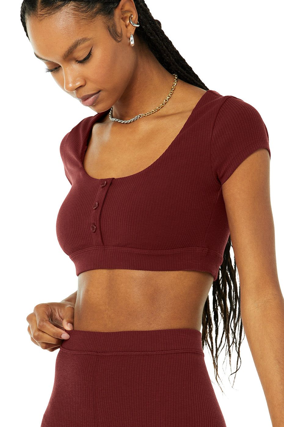 alo 正規 Blissful Henley Bra Top White Blissful Henley Bra Top - White | Alo Yoga