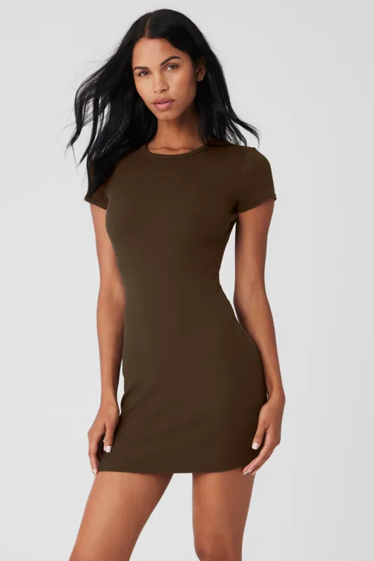 Goddess Ribbed Short Sleeve Dress - Espresso sold by Alo Yoga