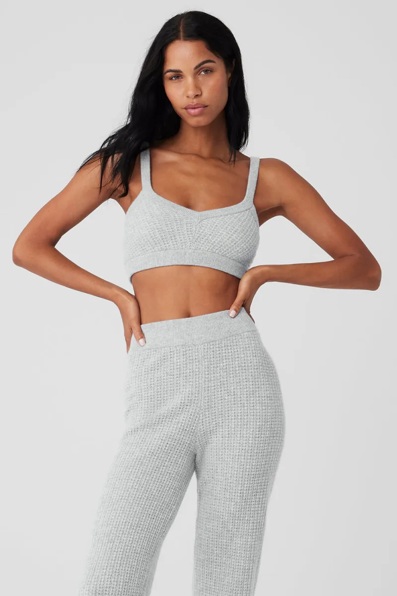 Cashmere Plush Waffle V-Neck Bra - Athletic Heather Grey sold by Alo Yoga