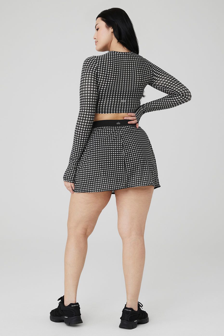 Mesh Gingham Cropped Long Sleeve & Mesh Gingham Skirt Set - Black sold by Alo Yoga product image thumbnail 6