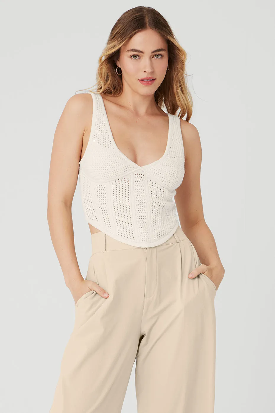 Open-Knit Chase The Sun Corset Tank - Ivory sold by Alo Yoga