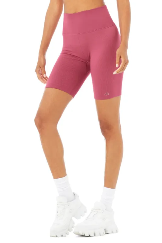 7" Seamless High-Waist Ribbed Biker Short - Raspberry Sorbet sold by Alo Yoga